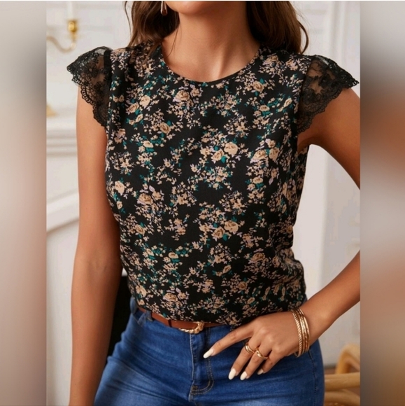 New Boho Mini Floral Lace Top Black Tan Green - Picture 3 of 6